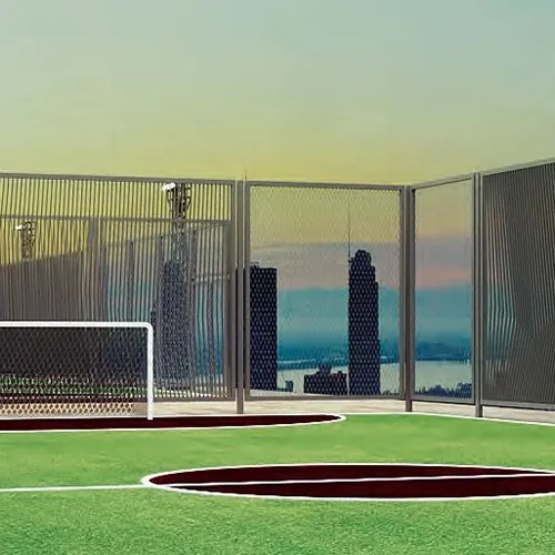 A rooftop football court with a city view at Aparna Sunstone
